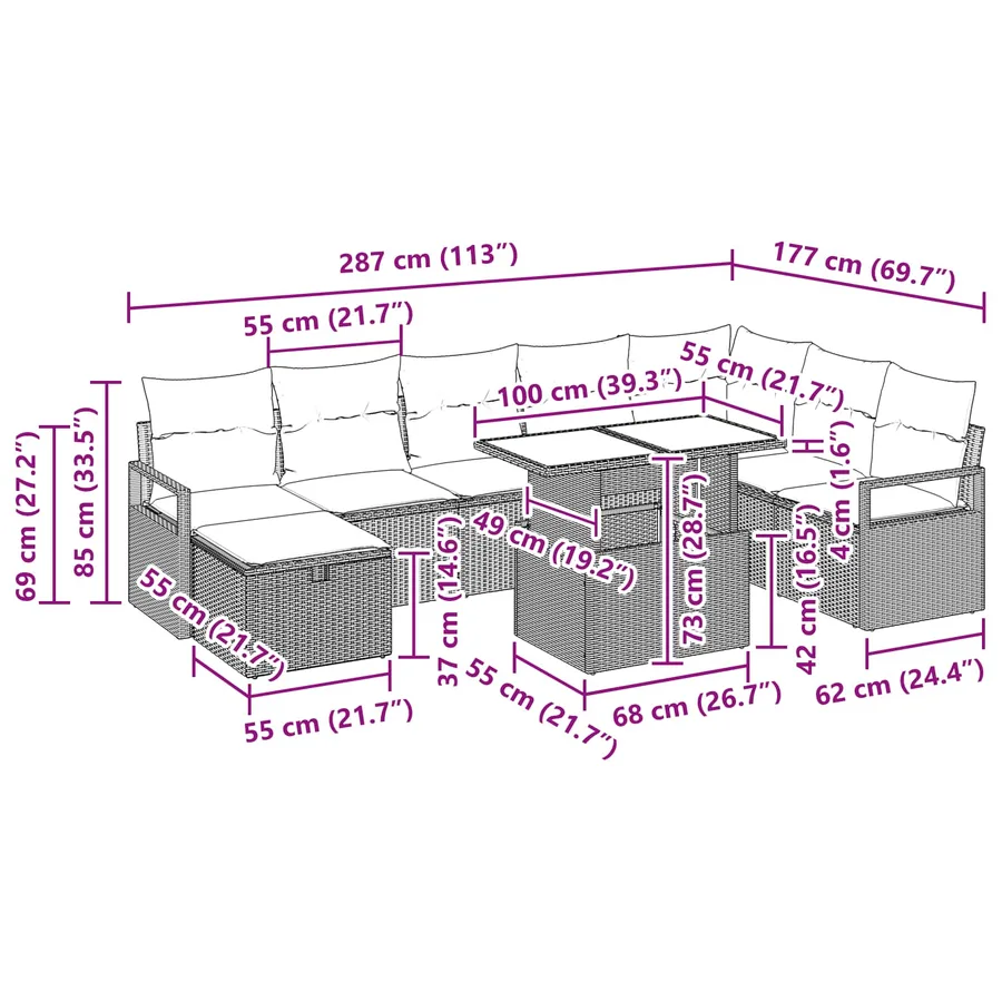 Ensemble de canapé de jardin avec coussin 9 pcs polyrotin - 13