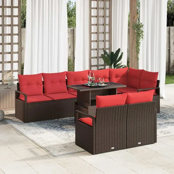 Ensemble de canapé de jardin 9 pcs Marron et rouge polyrotin