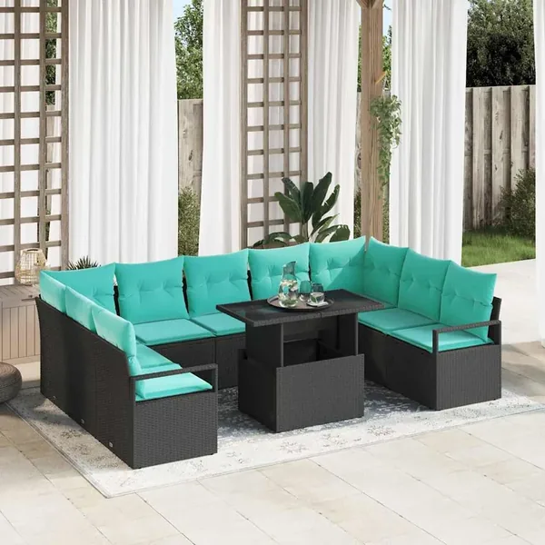 Ensemble de canapé de jardin 10 pcs Noir et Bleu Poly rotin