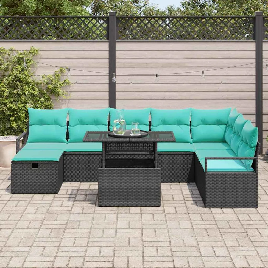 Ensemble de canapé de jardin avec coussin 9 pcs Noir Poly rotin - 3