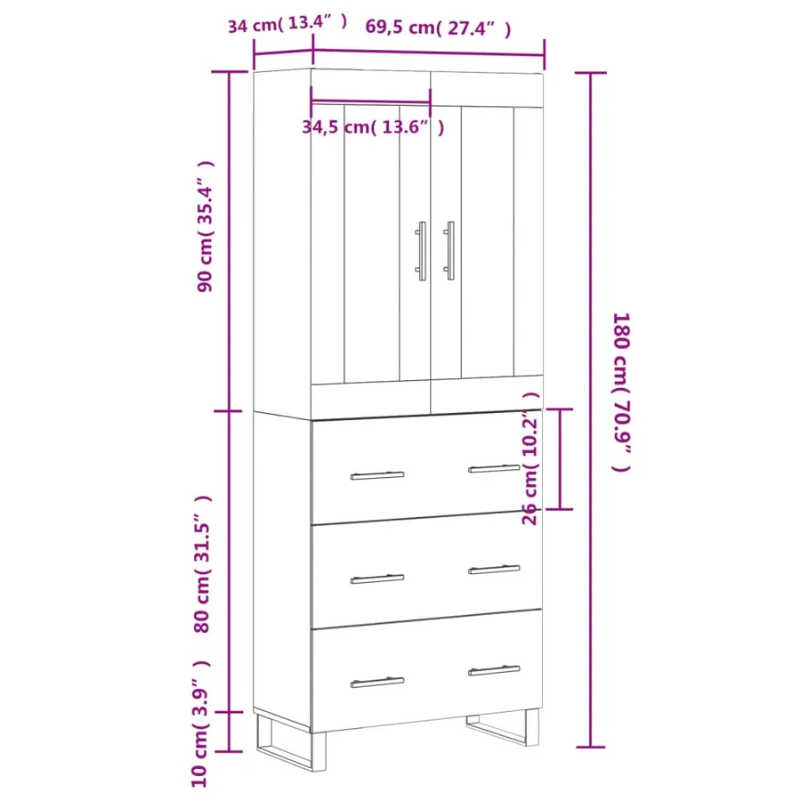 Buffet haut Gris béton 69,5x34x180 cm Bois d'ingénierie - 14