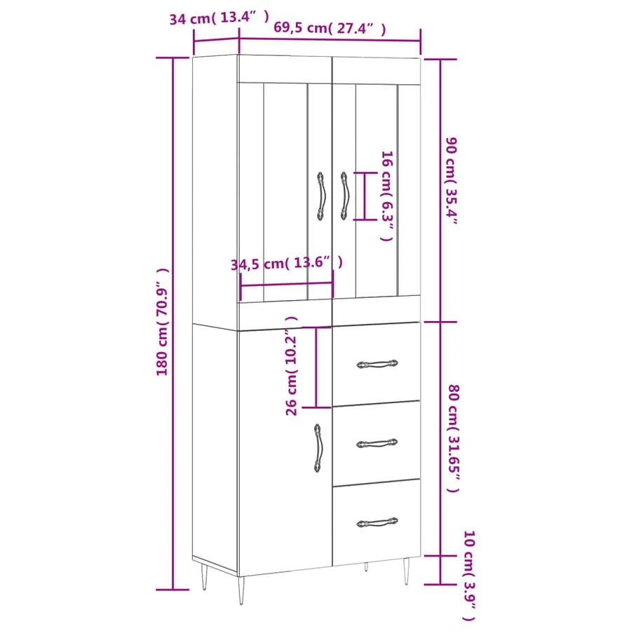 Buffet haut Sonoma gris 69,5x34x180 cm Bois d'ingénierie - 14