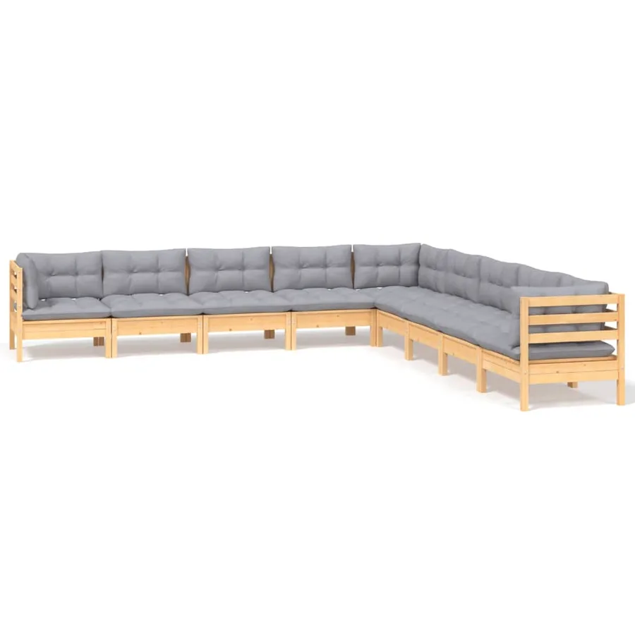 Salon de jardin 9 pcs avec coussins gris bois de pin massif - 2