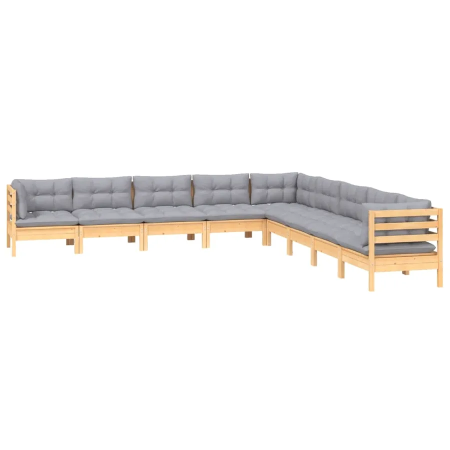 Salon de jardin 9 pcs avec coussins gris bois de pin massif - 3