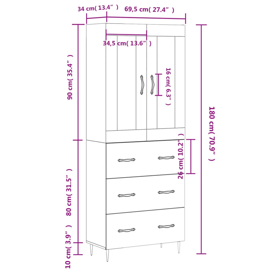 Buffet haut Sonoma gris 69,5x34x180 cm Bois d'ingénierie - 14