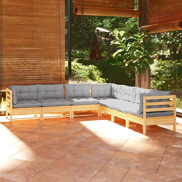 Salon de jardin 7 pcs avec coussins gris bois de pin massif