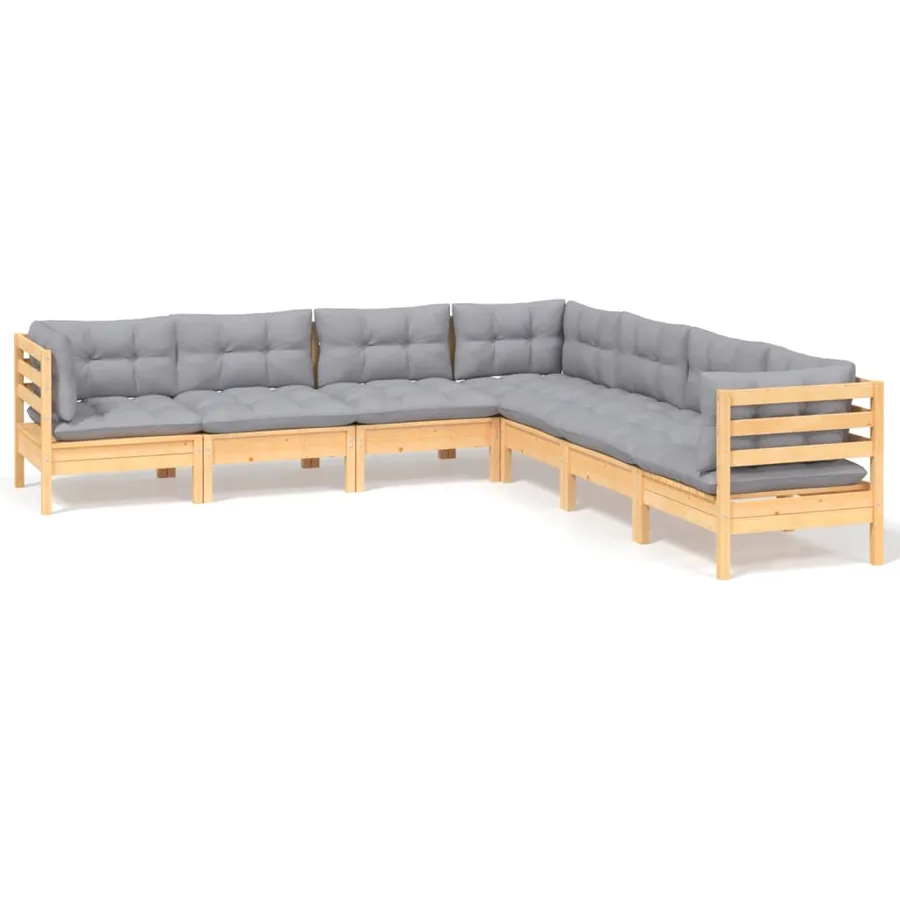 Salon de jardin 7 pcs avec coussins gris bois de pin massif - 2