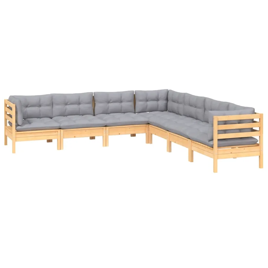 Salon de jardin 7 pcs avec coussins gris bois de pin massif - 3