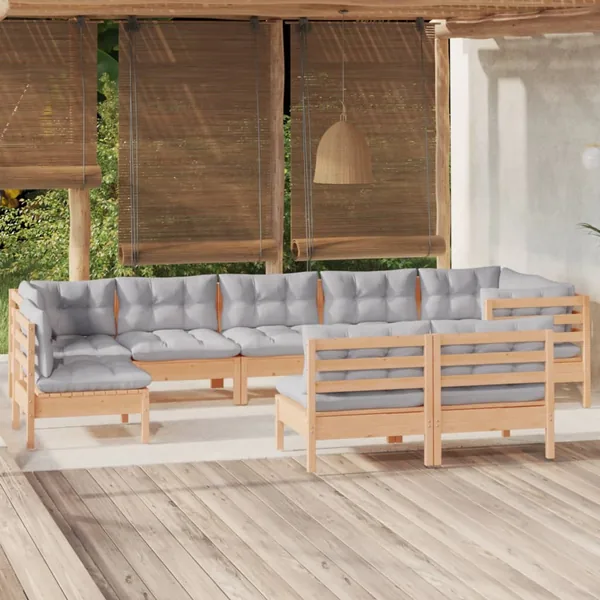 Salon de jardin 9 pcs avec coussins gris bois de pin massif