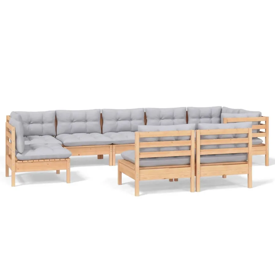 Salon de jardin 9 pcs avec coussins gris bois de pin massif - 2