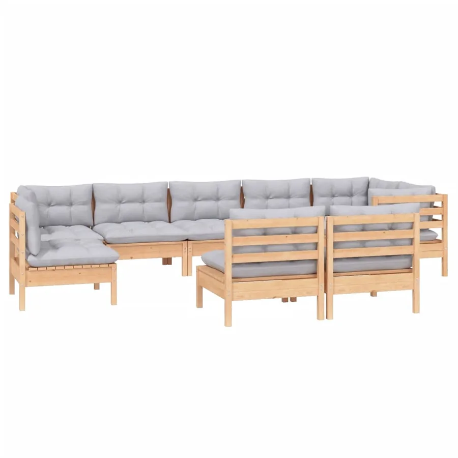 Salon de jardin 9 pcs avec coussins gris bois de pin massif - 3