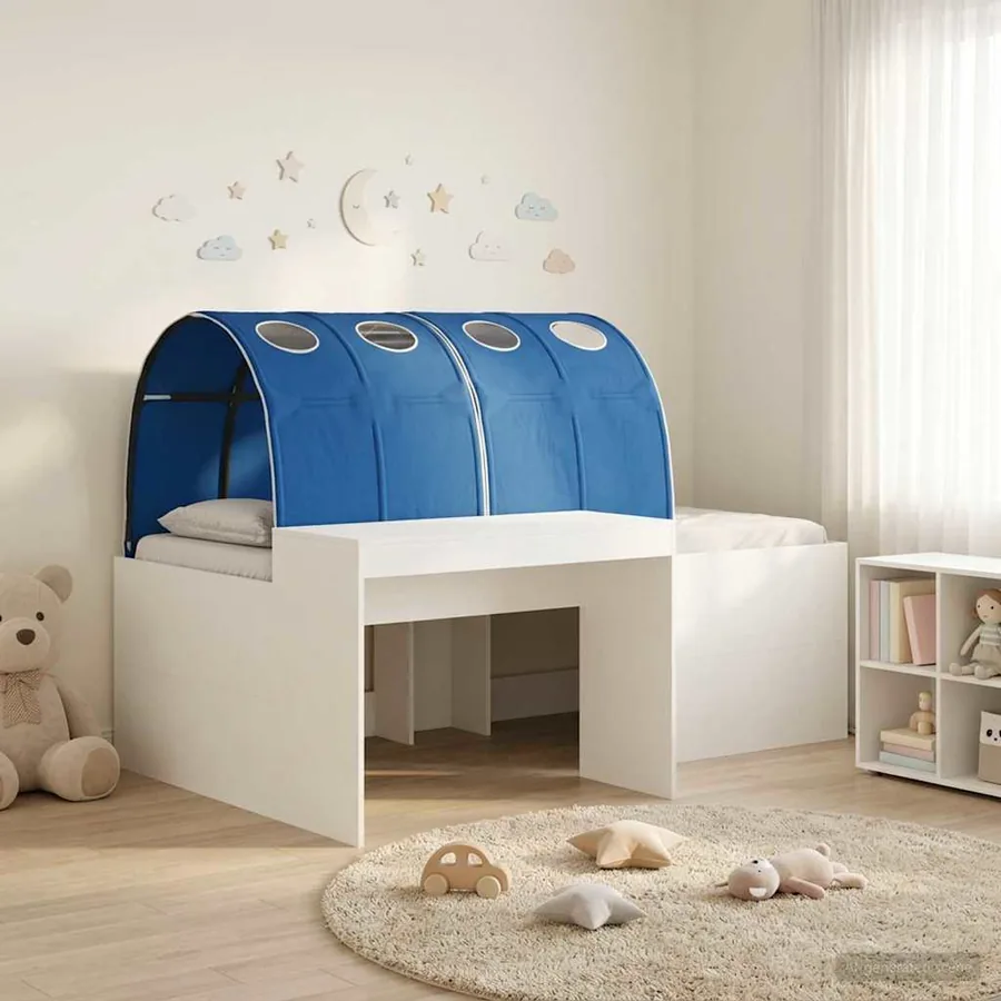 Cadre de lit avec tunnel 3 pc Blanc et bleu Bois d'ingénierie
