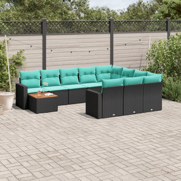 Salon de jardin 11 pcs avec coussins noir résine tressée