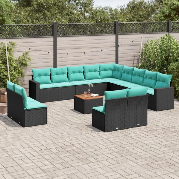 Salon de jardin avec coussins 14 pcs noir résine tressée