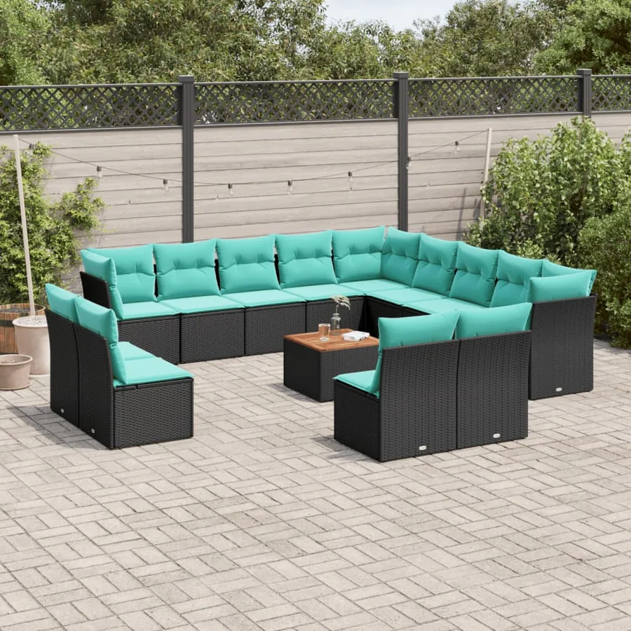 Salon de jardin avec coussins 14 pcs noir résine tressée