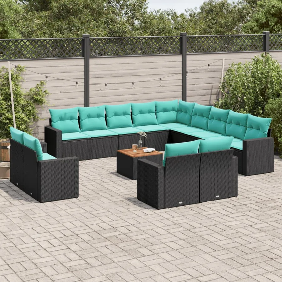 Salon de jardin avec coussins 14 pcs noir résine tressée