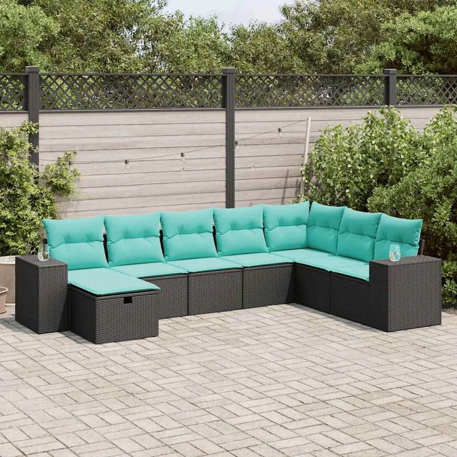 Salon de jardin 8 pcs avec coussins noir résine tressée