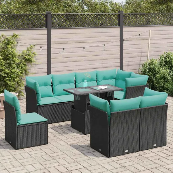 Salon de jardin avec coussins 9 pcs noir résine tressée acacia
