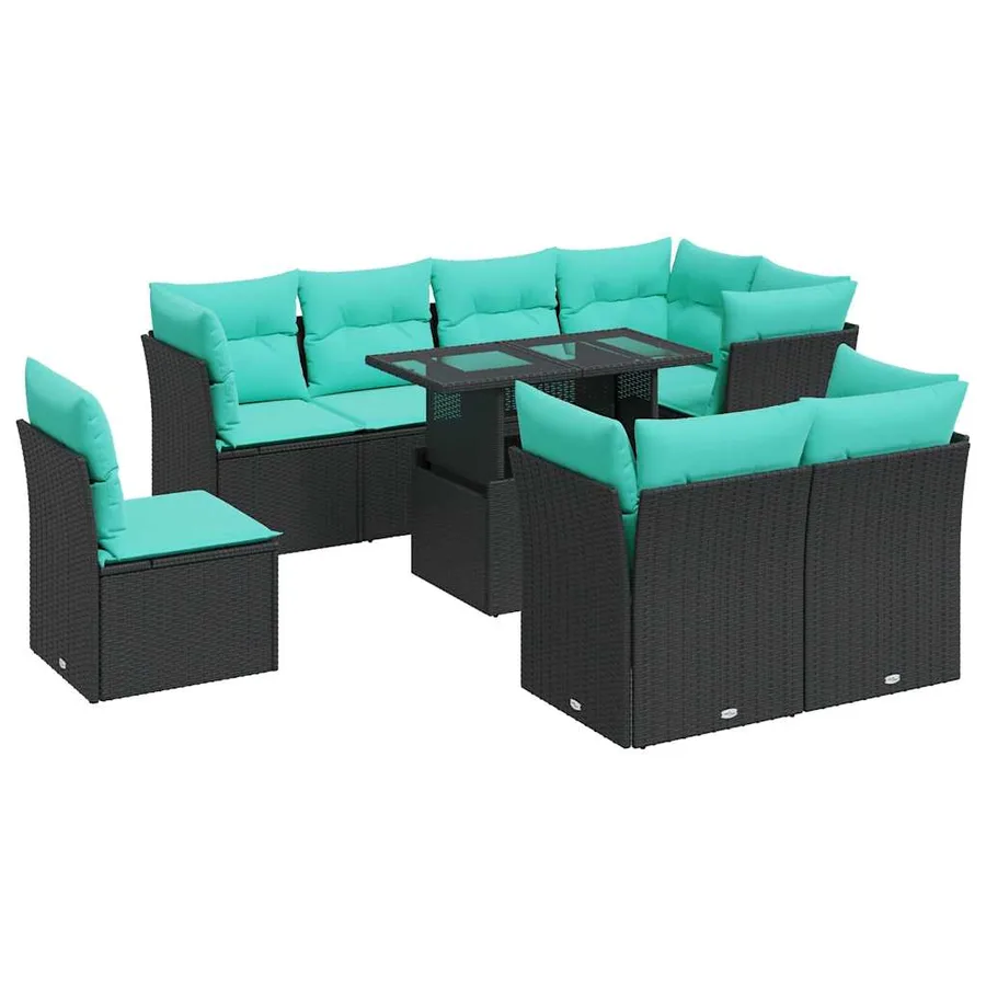 Salon de jardin avec coussins 9 pcs noir résine tressée acacia - 2
