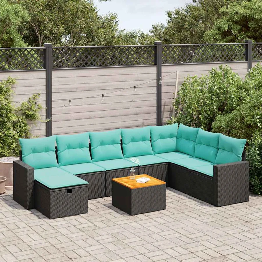Salon de jardin 9 pcs avec coussins noir résine tressée