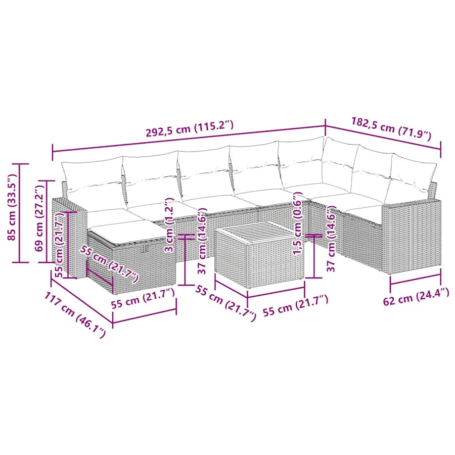 Salon de jardin 9 pcs avec coussins noir résine tressée - 15