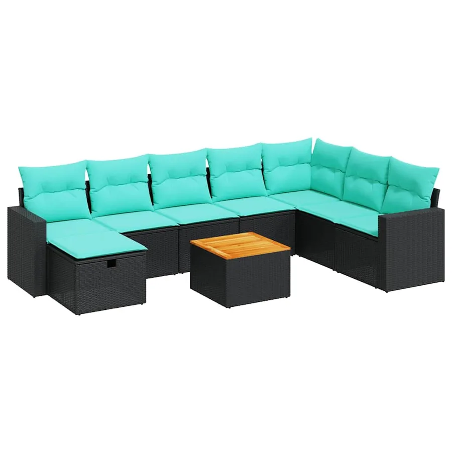 Salon de jardin 9 pcs avec coussins noir résine tressée - 2