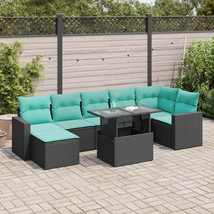 Salon de jardin avec coussins 8 pcs noir résine tressée acacia