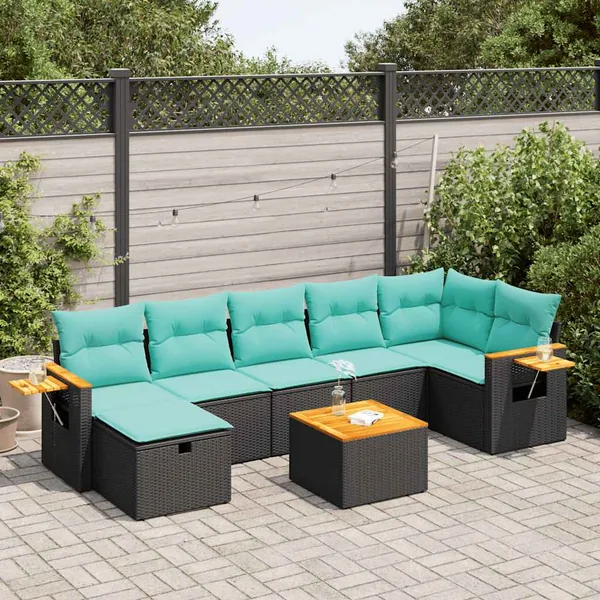 Salon de jardin 8 pcs avec coussins noir résine tressée