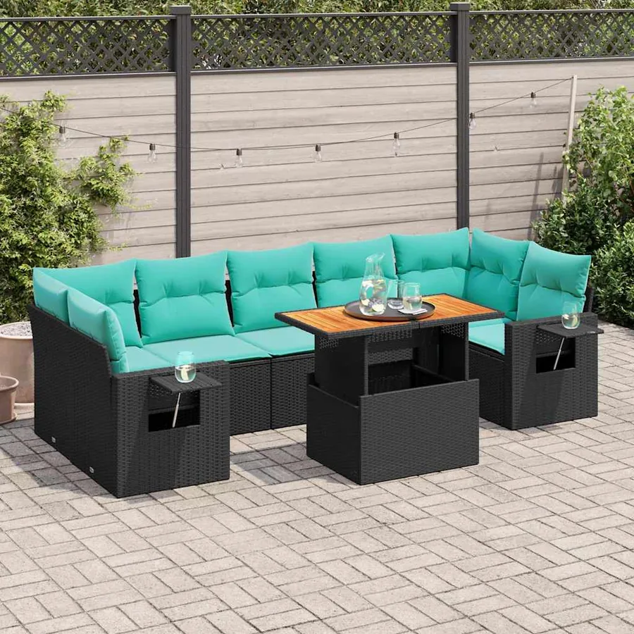 Salon de jardin 8 pcs avec coussins noir résine tressée