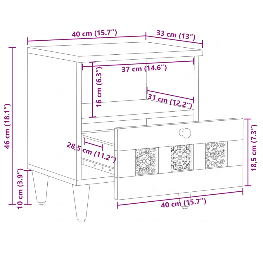 Cabinet de chevet Naturel 40 x 33 x 46 cm Bois de mangue massif - 11
