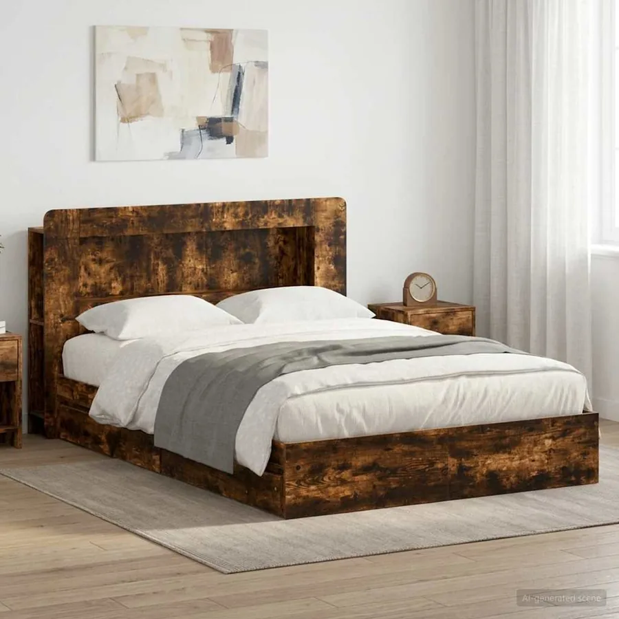 Cadre de lit avec rangement avec tiroir Chêne fumé 135 x 190 cm