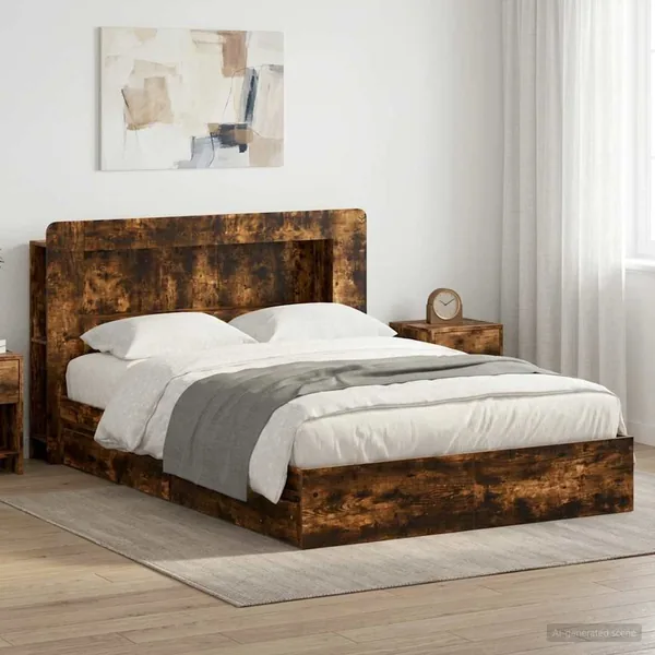 Cadre de lit avec rangement avec tiroir Chêne fumé 135 x 190 cm