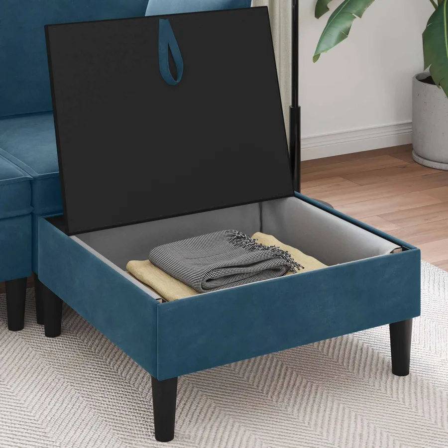 Pouf avec Rangement Bleu Velours - 3