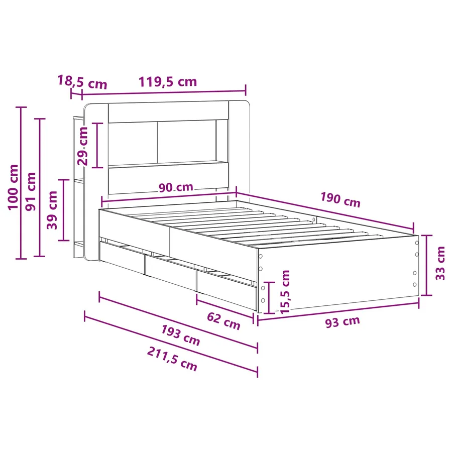 Cadre de lit avec rangement Sonoma gris 90 x 190 cm - 10