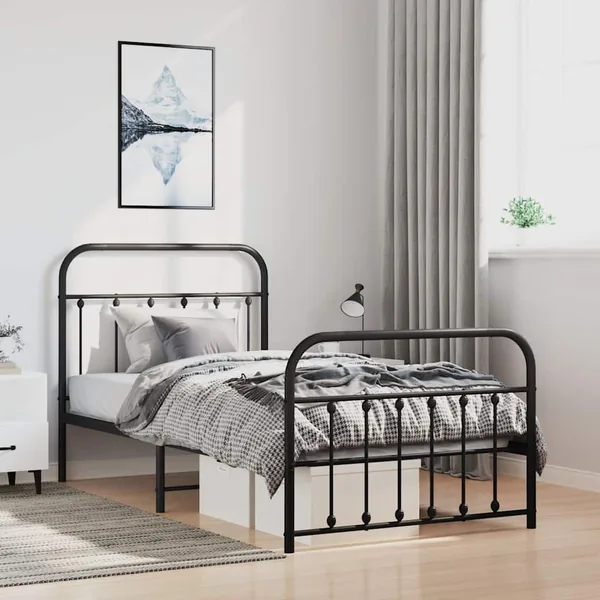Cadre de lit métal sans matelas avec pied de lit noir 100x190cm