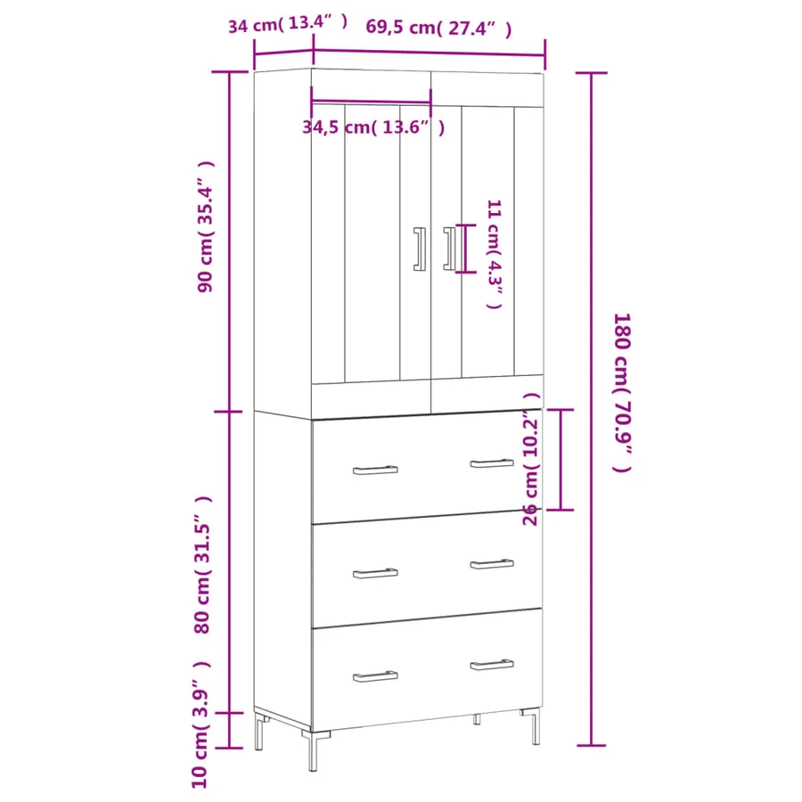 Buffet haut Blanc 69,5x34x180 cm Bois d'ingénierie - 14