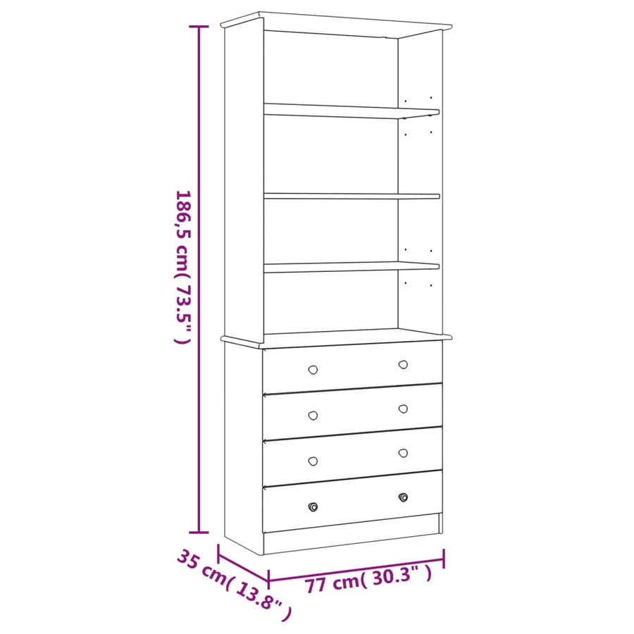 Bibliothèque tiroirs ALTA blanc 77x35x186,5cm bois massif pin - 8