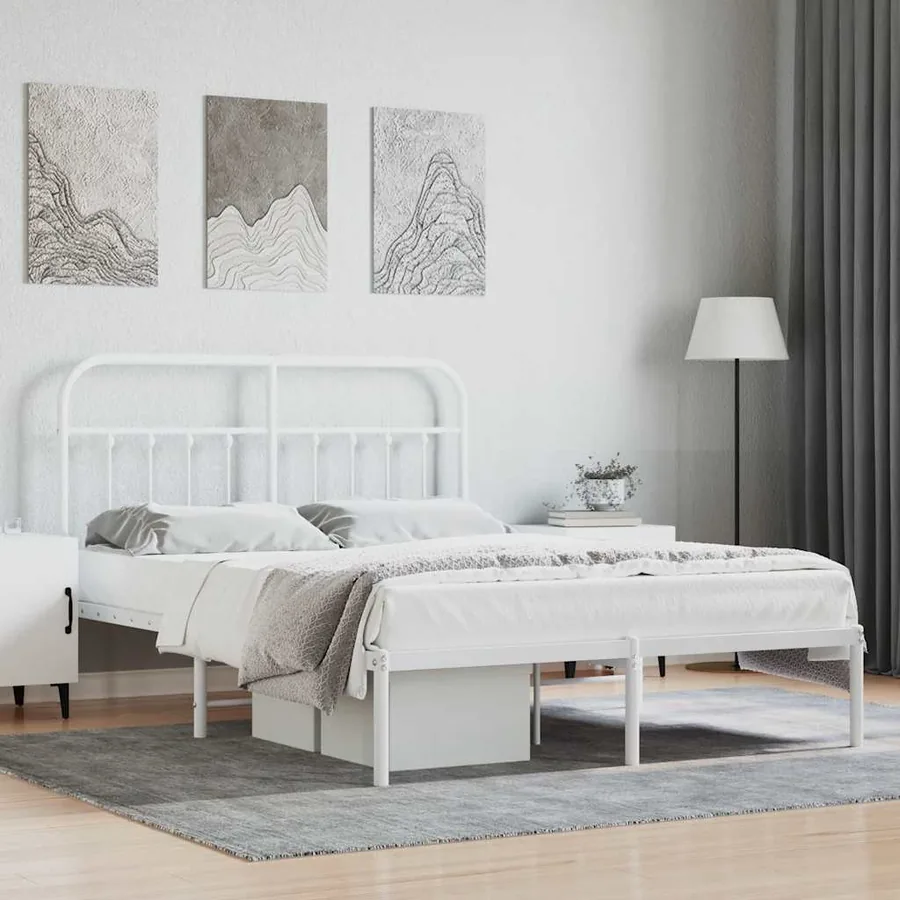 Cadre de lit métal sans matelas et tête de lit blanc 140x200 cm