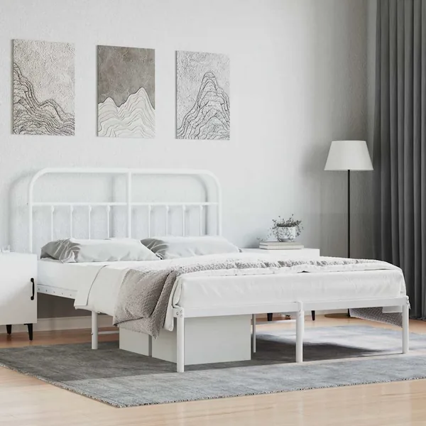 Cadre de lit métal sans matelas et tête de lit blanc 140x200 cm