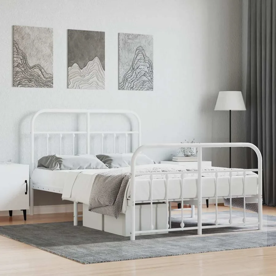 Cadre de lit métal sans matelas et pied de lit blanc 120x190 cm
