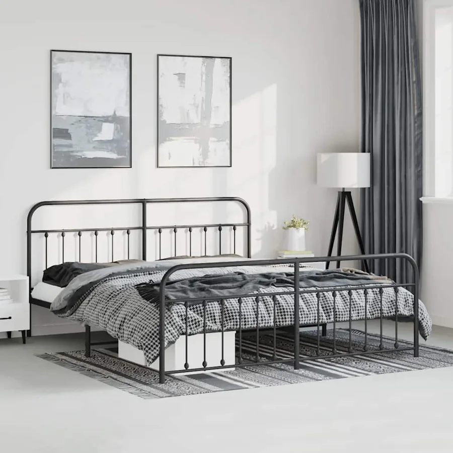 Cadre de lit métal sans matelas avec pied de lit noir 193x203cm