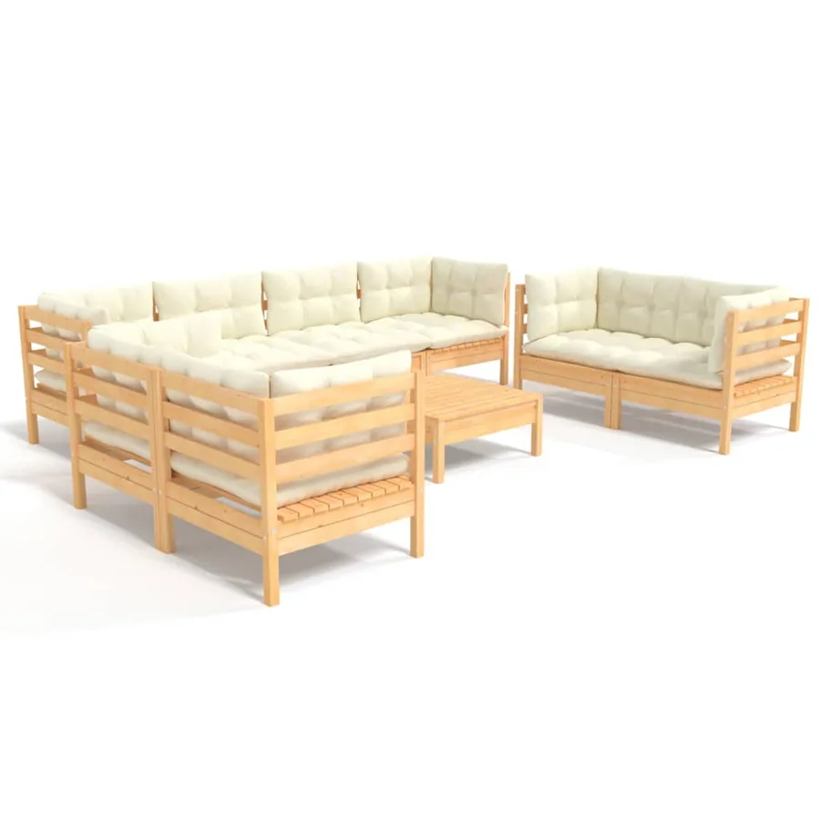 Salon de jardin 9 pcs avec coussins crème bois de pin massif - 2