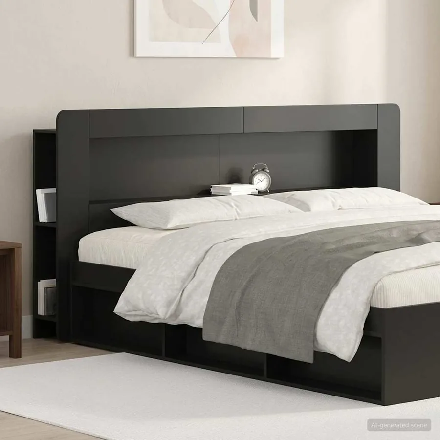 Cabinet de Tête de Lit avec stockage Noir Bois d’ingénierie