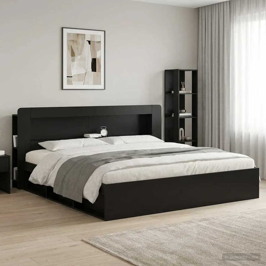 Cabinet de Tête de Lit avec stockage Noir Bois d’ingénierie - 4