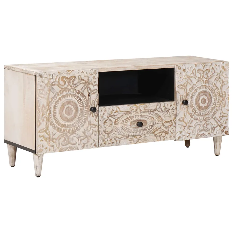 Meuble TV Blanc 105 x 33,5 x 46 cm Bois de mangue massif