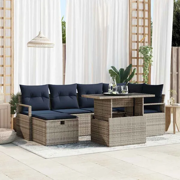 Ensemble de canapé de jardin avec coussin 7 pcs polyrotin