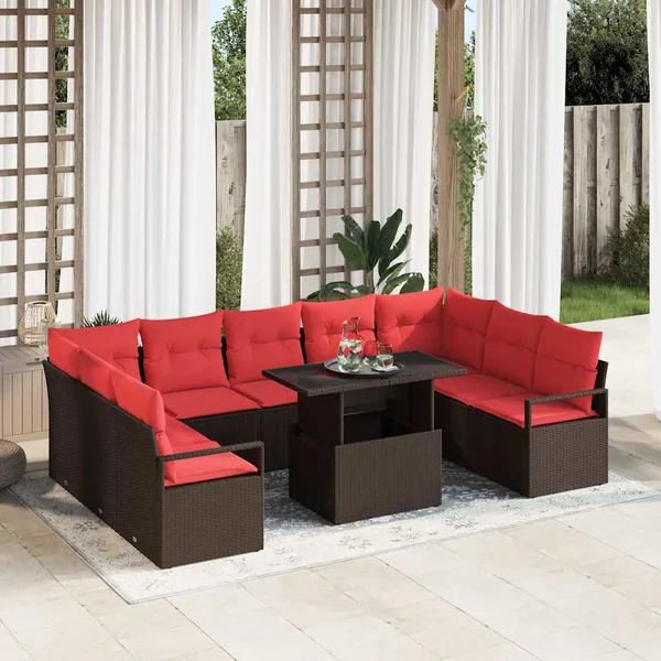 Ensemble de canapé de jardin 10 pcs Marron et rouge Poly rotin