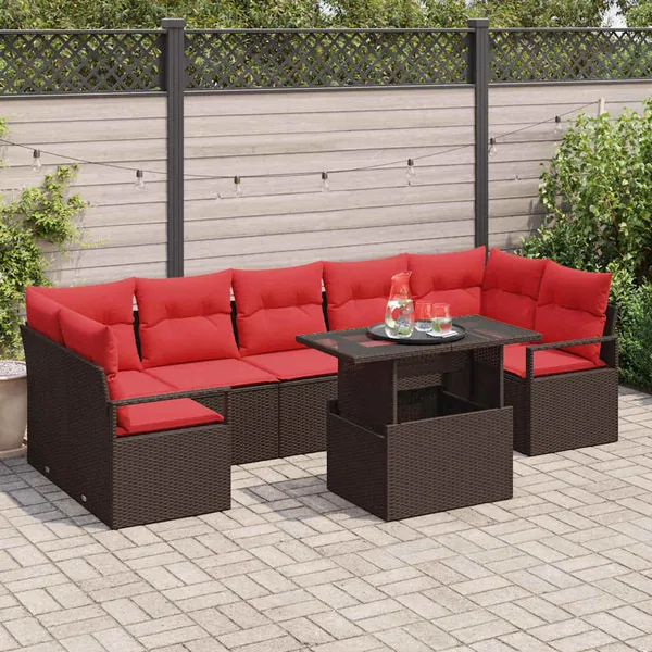 Ensemble de canapé de jardin 8 pcs Marron et rouge polyrotin
