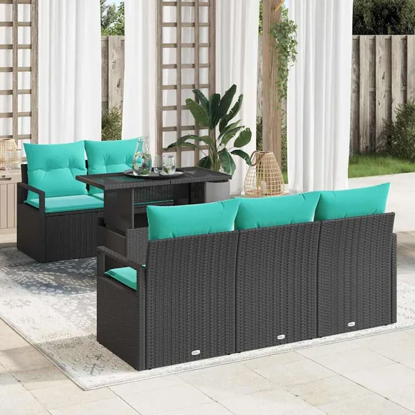 Ensemble de canapé de jardin 6 pcs Noir et Bleu polyrotin