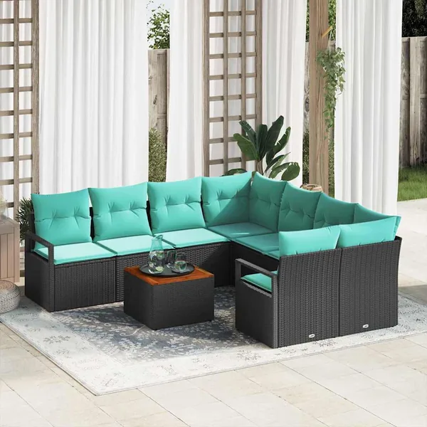 Ensemble de canapé de jardin avec coussin 9 pcs Noir polyrotin